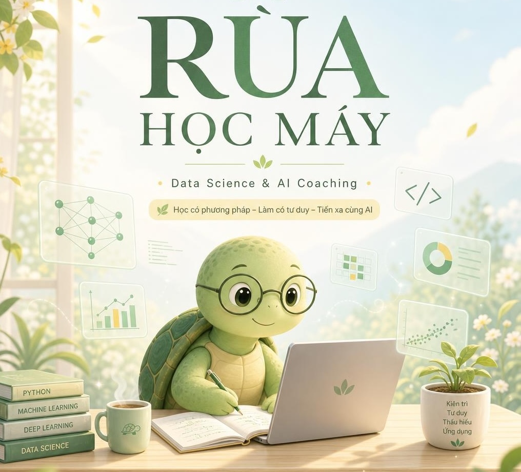 Poster Rùa Học Máy với chú rùa đeo kính ngồi học trên laptop, xung quanh là sách Python, Machine Learning, Deep Learning, Data Science và các biểu đồ dữ liệu